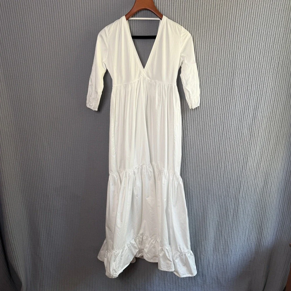 $785 KALITA Cotton Tiered V-Neck Maxi Dress White XS Mended European Summer - Picture 1 of 8